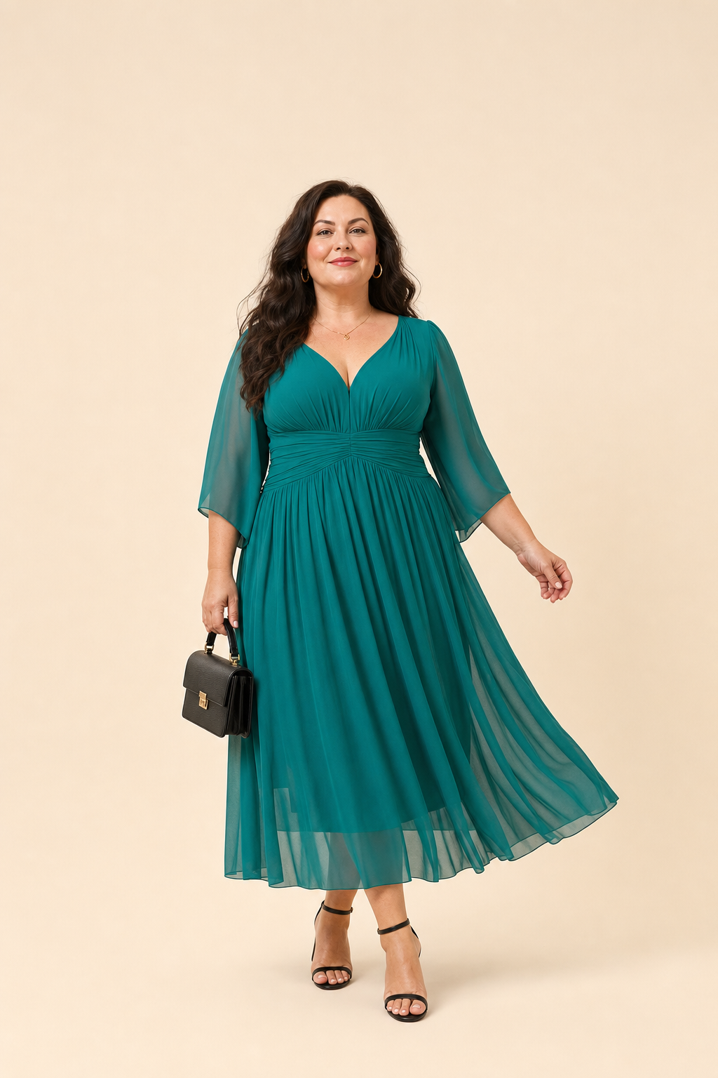Robe longue grande taille évasée à jupe plissée doublée et manches longues, coupe fluide élégante