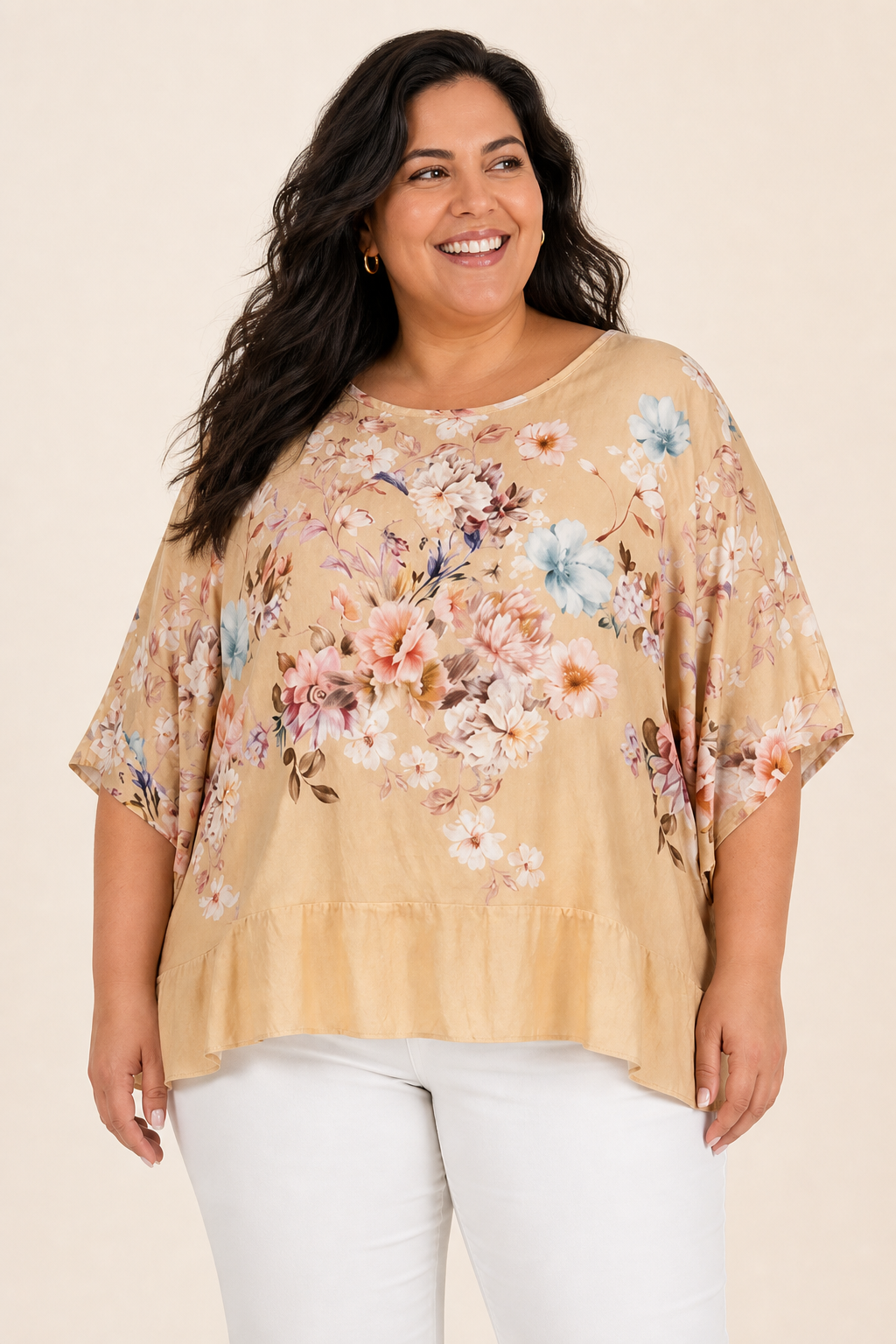 Tunique femme grande taille crêpe de viscose imprimé fleuri coupe oversize manches tombantes Image