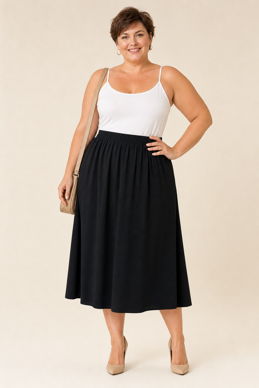 Jupe longue grande taille coupe évasée tissu fluide ceinture élastiquée froncée Image