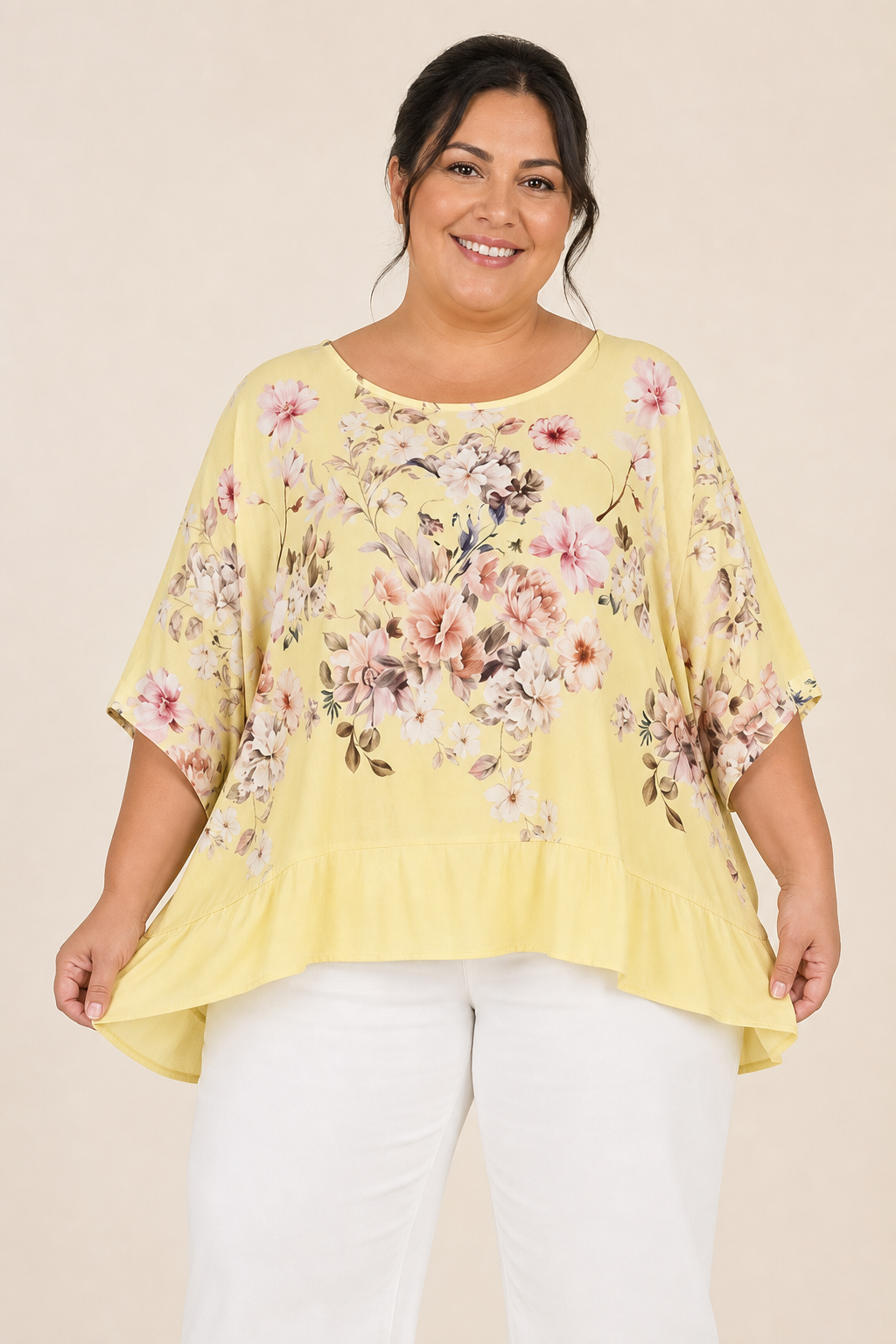 Tunique femme grande taille crêpe de viscose imprimé fleuri coupe oversize manches tombantes