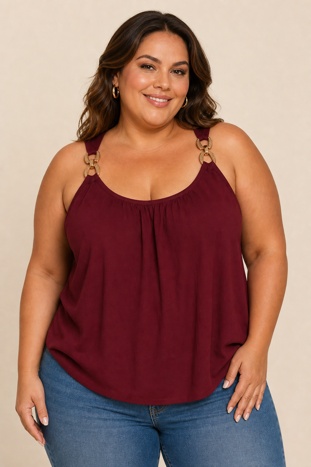 Top femme grande taille coupe ample froncée bretelles anneaux dorés encolure ronde Image