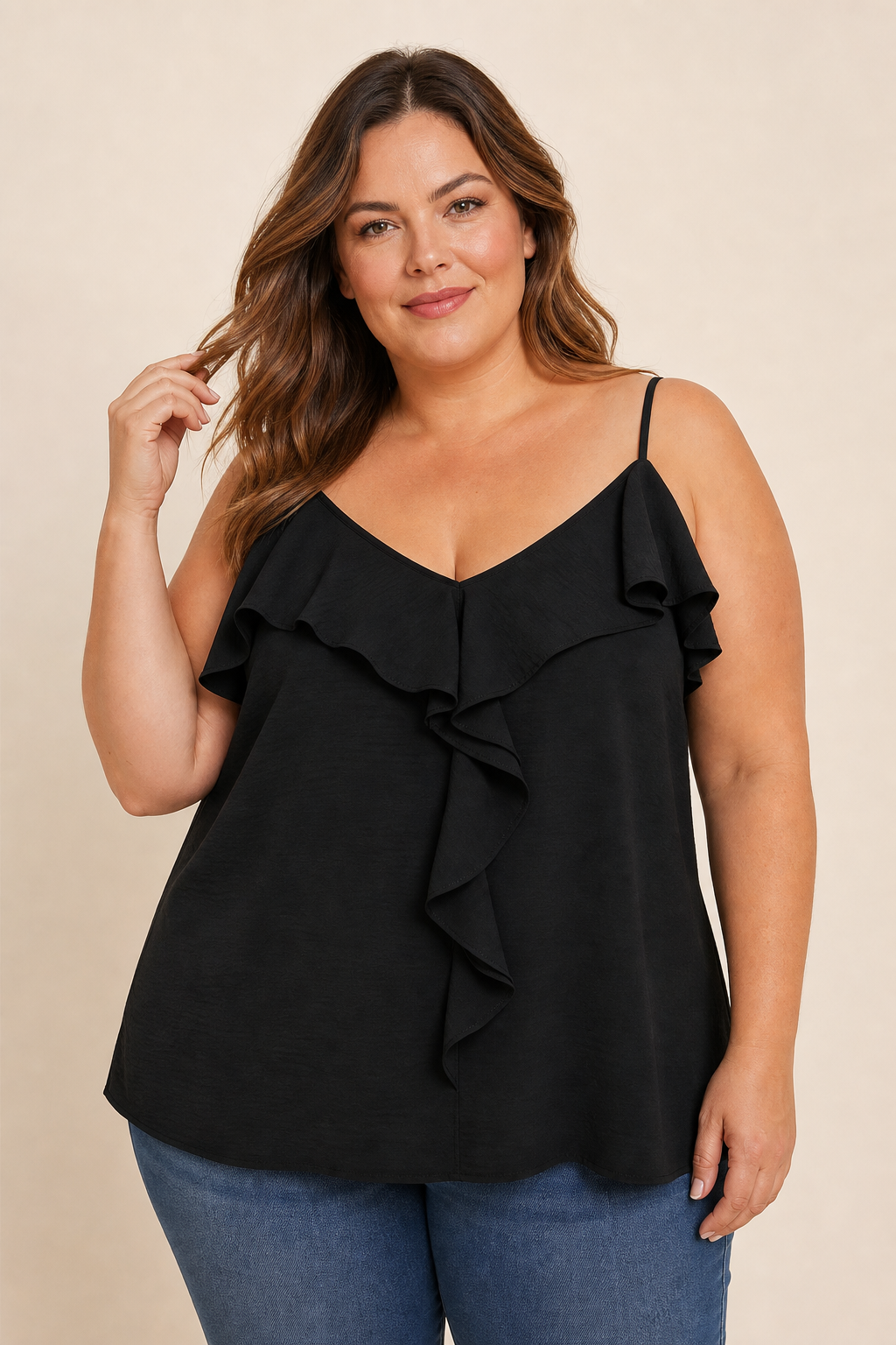 Top femme grande taille bretelles fines encolure en V volant cascade coupe ample Image