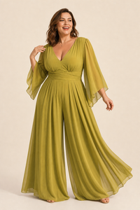 Combinaison robe grande taille col V fluide drapée jambes longues coupe ample