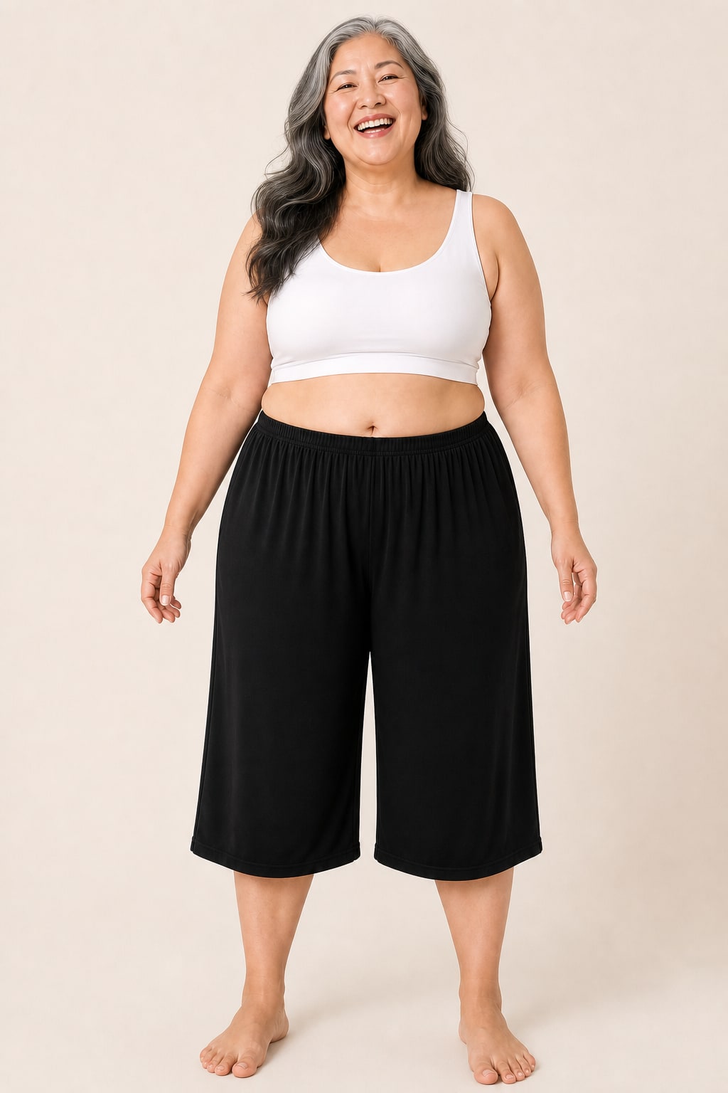 Pantacourt grande taille fluide viscose élasthanne coupe droite longueur 73 cm