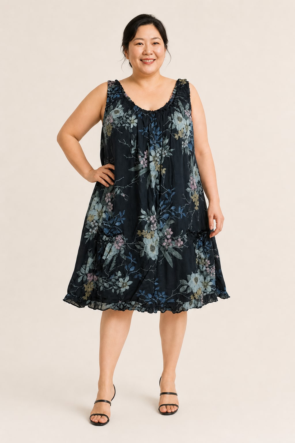 Robe grande taille en coton bretelles larges coupe ballon avec poches devant