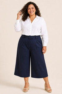 Short grande taille palazzo rayure tennis taille haute élastiquée coupe fluide