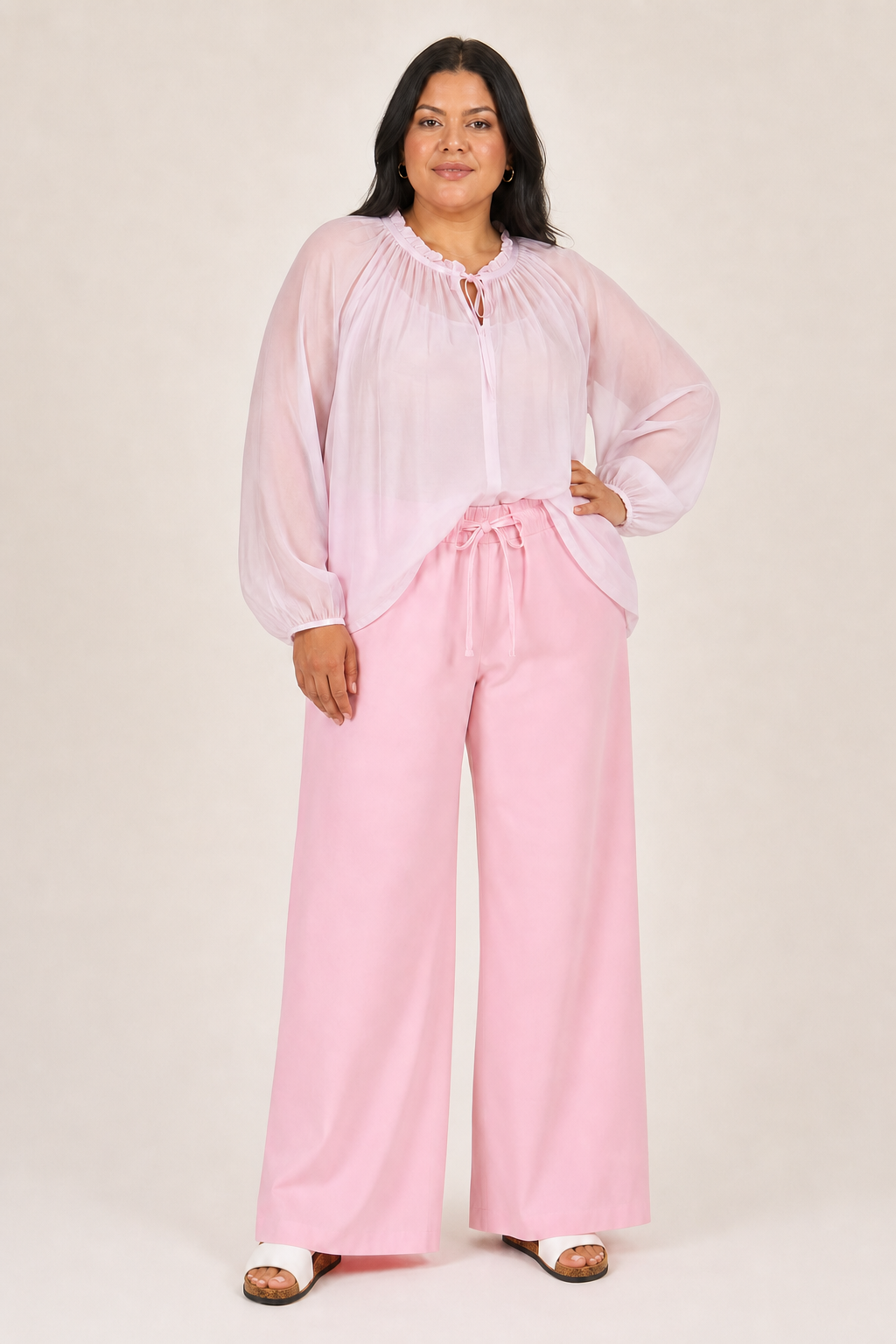 Pantalon large grande taille coupe fluide taille élastiquée avec liseré et poches avant