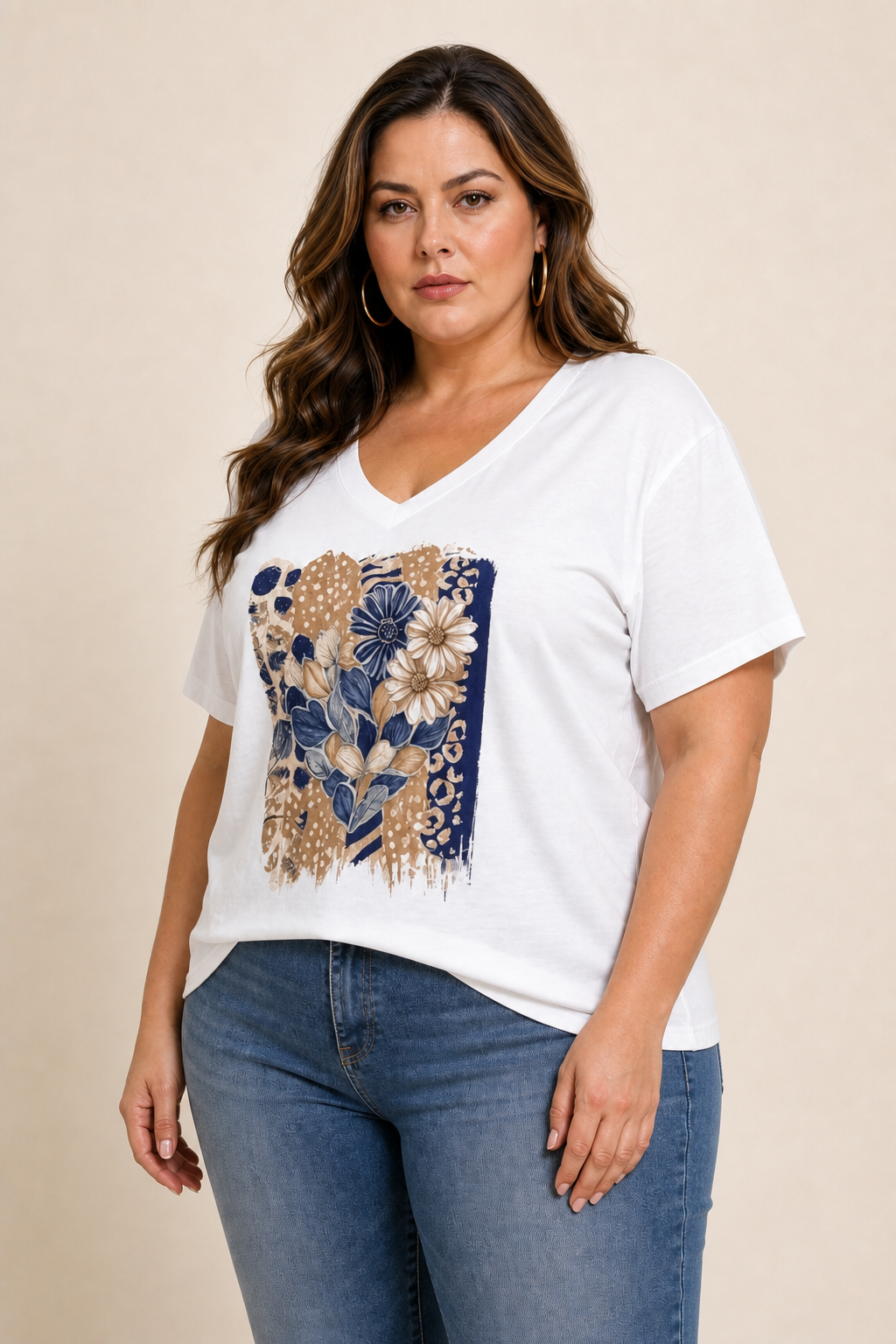 T-shirt grande taille col V imprimé fleuri graphique manches courtes coupe droite