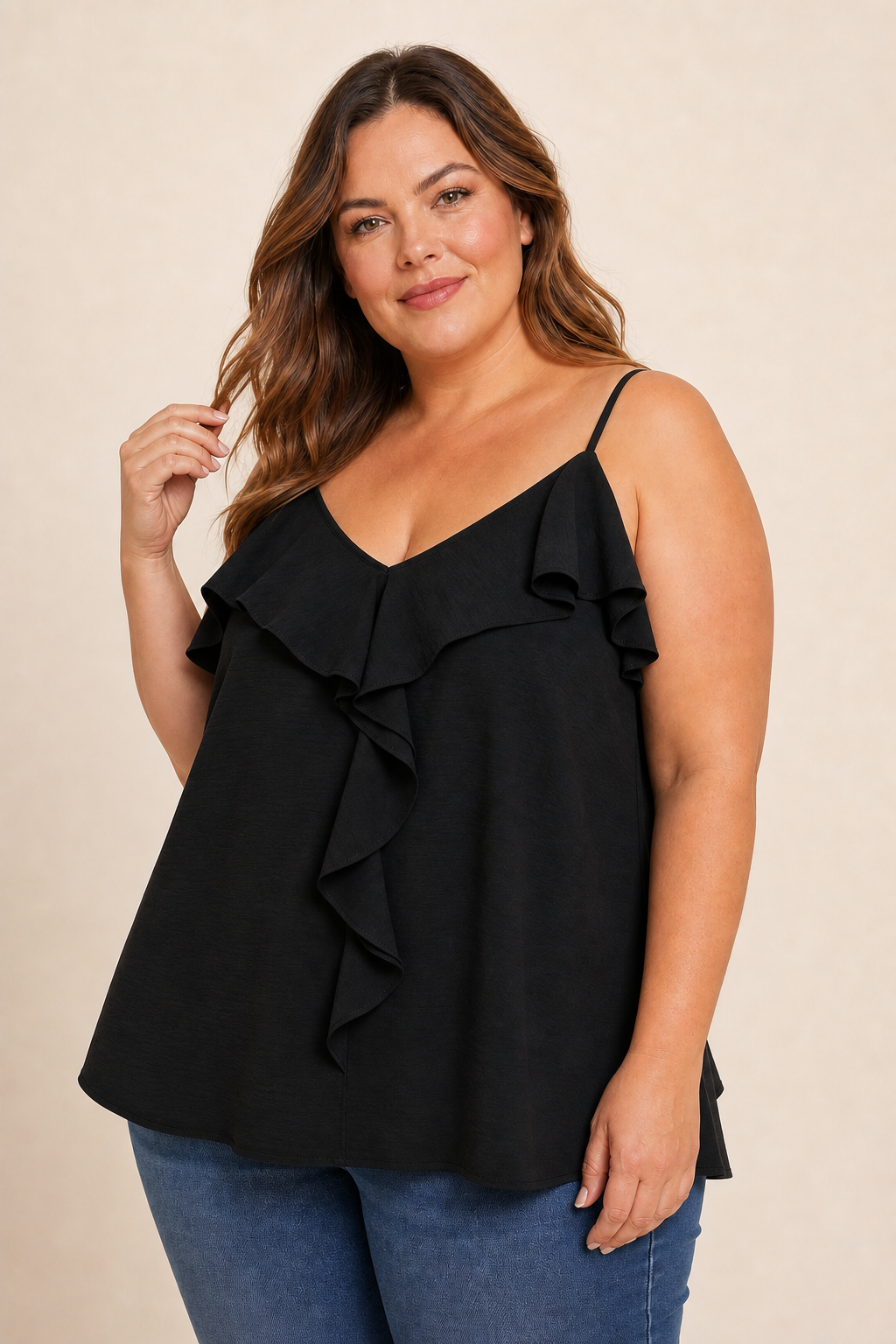 Top femme grande taille bretelles fines encolure en V volant cascade coupe ample