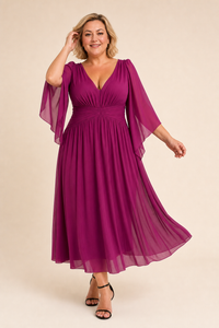 Robe longue grande taille évasée à jupe plissée doublée et manches longues, coupe fluide élégante
