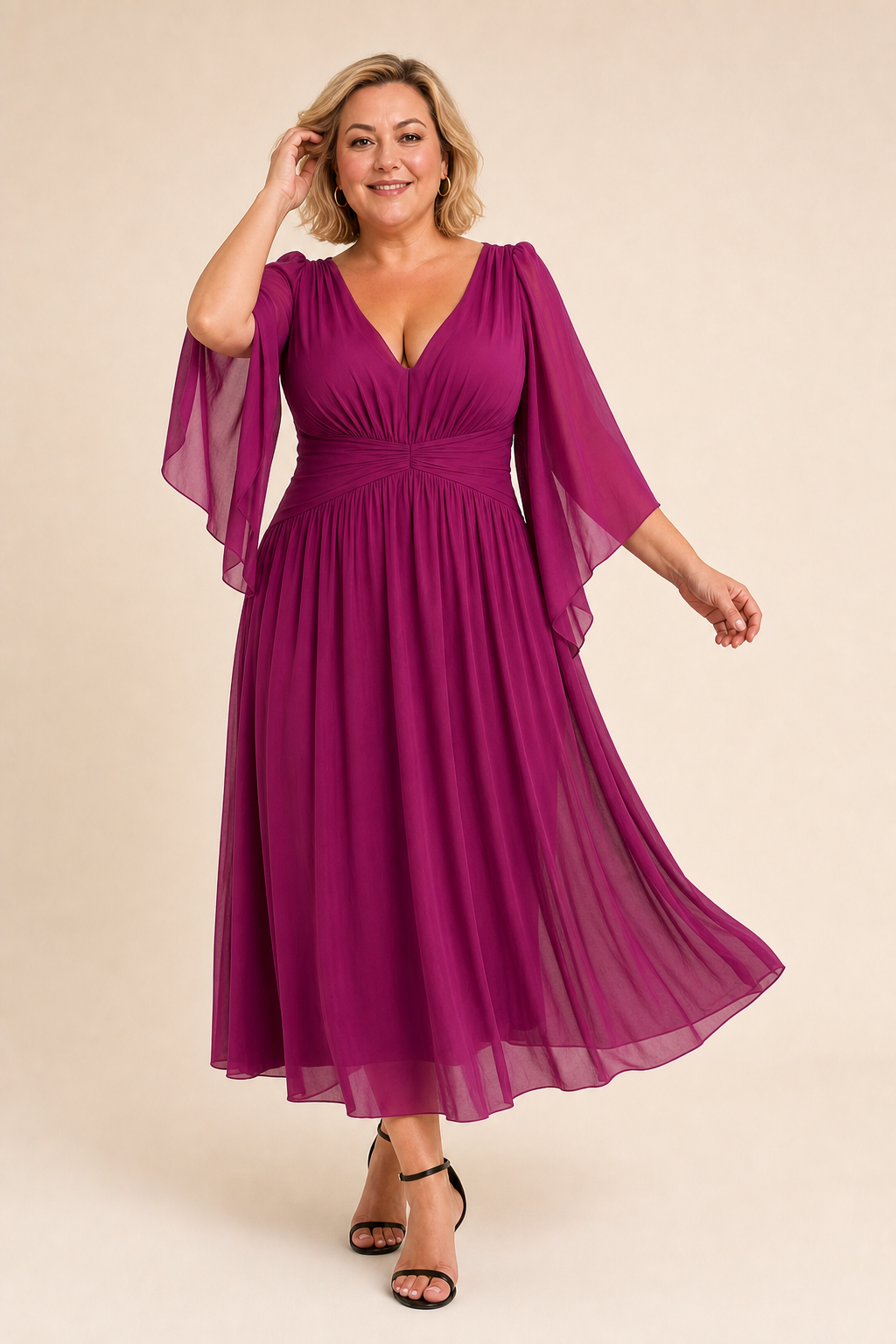Robe longue grande taille évasée à jupe plissée doublée et manches longues, coupe fluide élégante