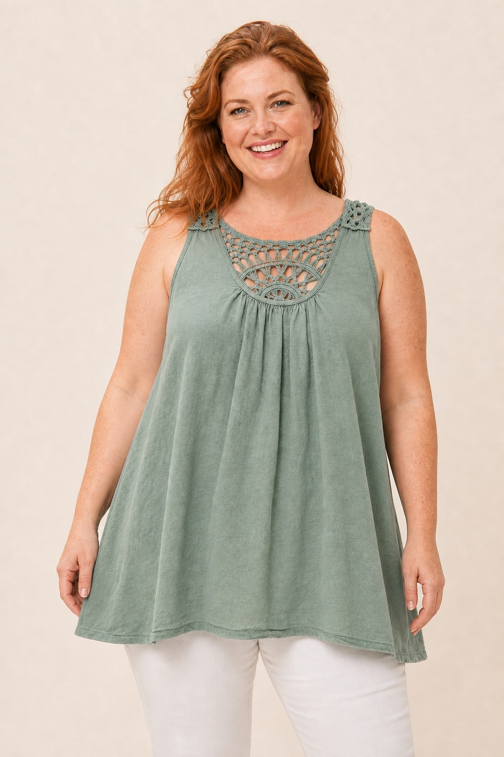 Débardeur grande taille coton-lin col rond dos crochet ajouré coupe droite