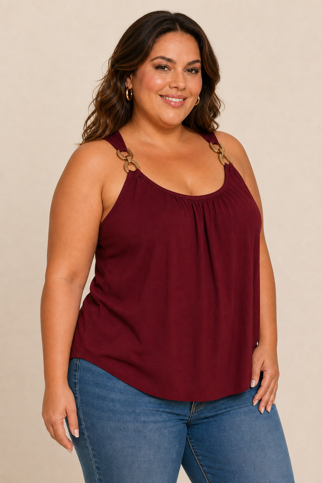 Top femme grande taille coupe ample froncée bretelles anneaux dorés encolure ronde