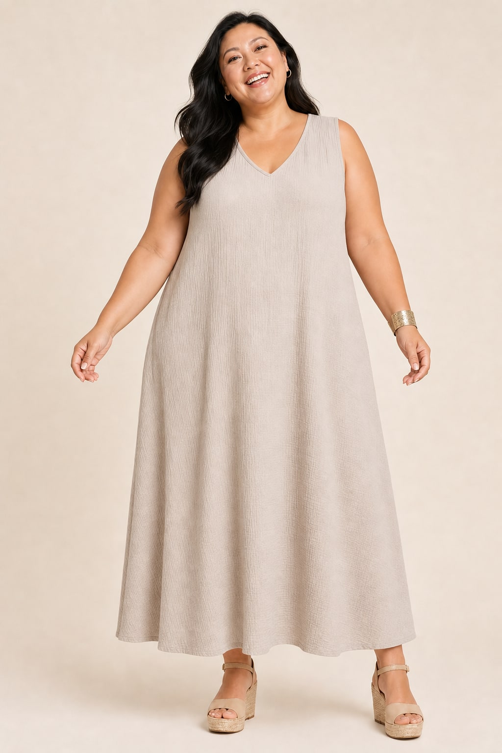 Robe grande taille midi sans manches en double gaze de coton coupe décontractée
