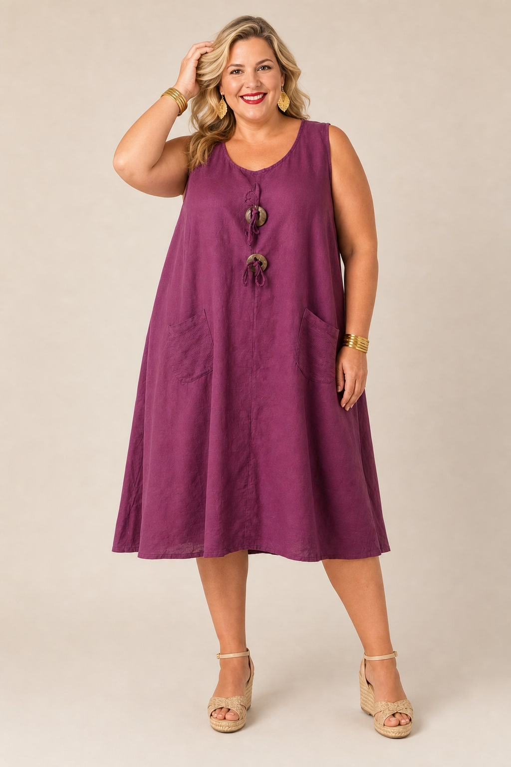 Robe grande taille droite sans manches en coton-lin col rond avec poches et boutons décoratifs