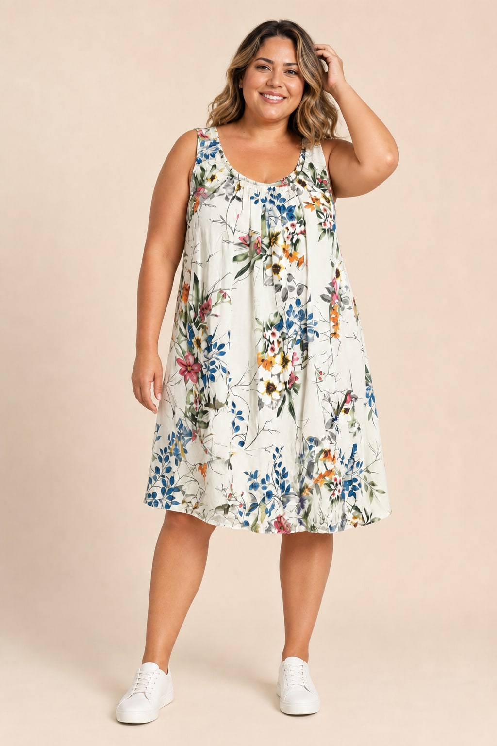 Robe grande taille en coton bretelles larges coupe ballon avec poches devant