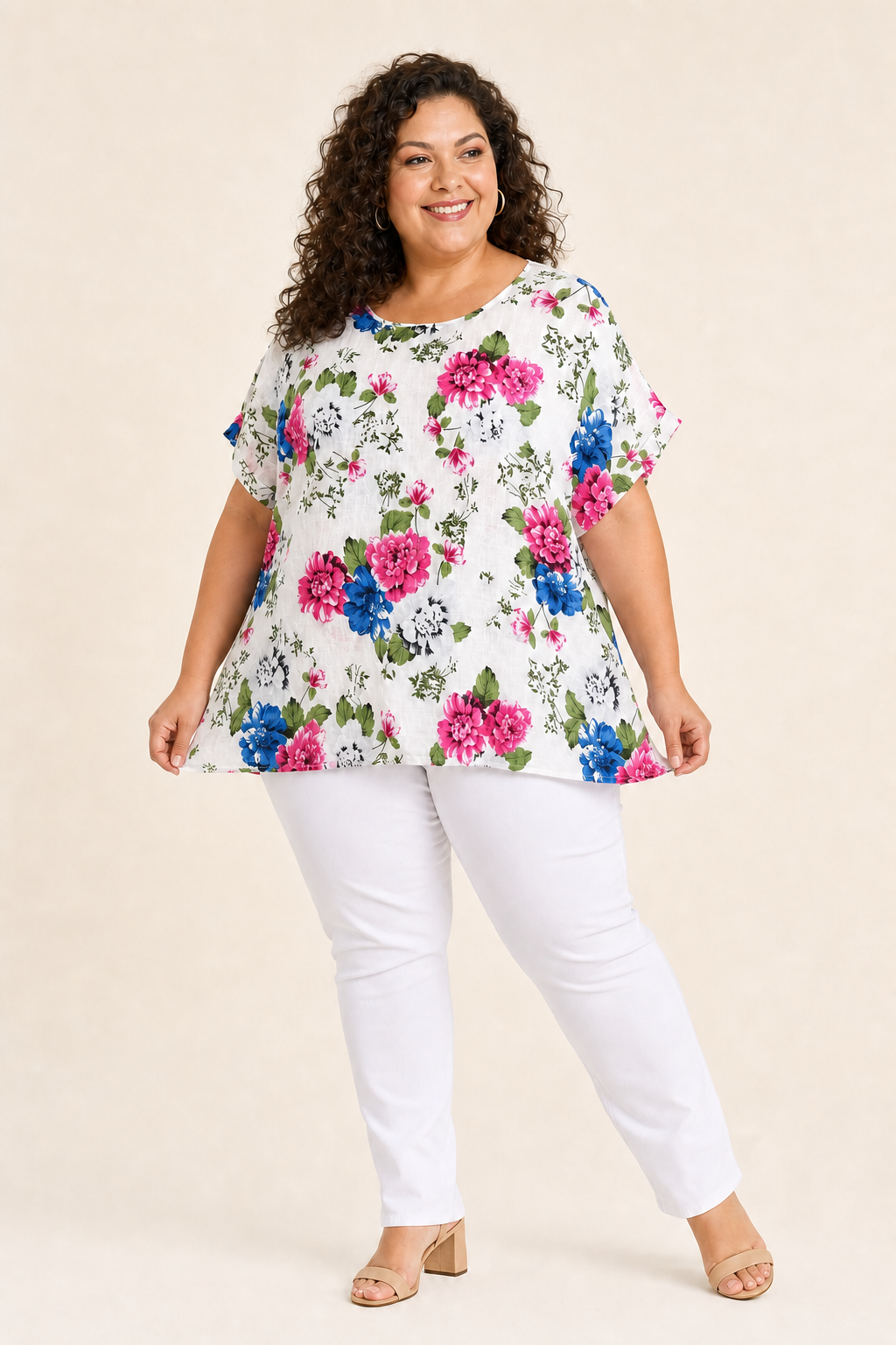 Tunique femme grande taille coton imprimé fleuri col rond coupe ample manches tombantes