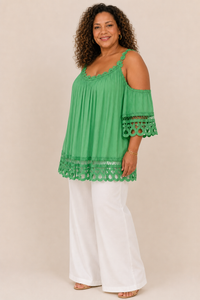 Top femme grande taille épaules dénudées coupe ample viscose bordure crochet festonnée