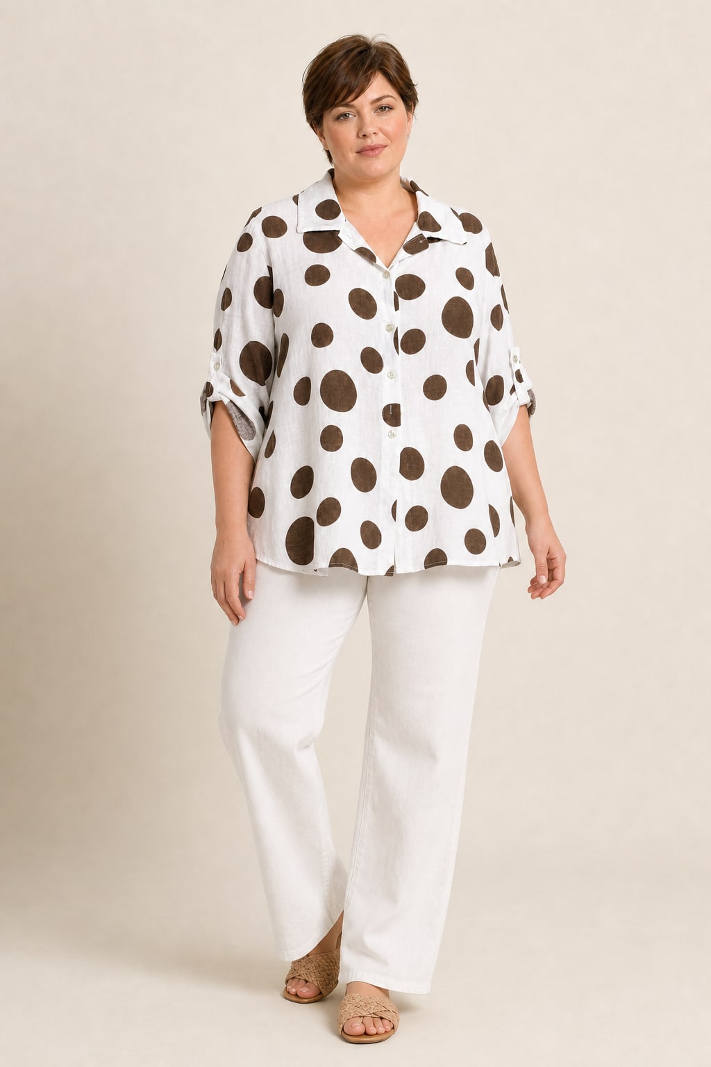 Chemise grande taille oversize en lin motif pois coupe ample manches 3/4 boutonnée