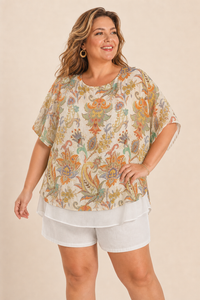 Top femme grande taille manches courtes imprimé en rayonne fluide coupe décontractée
