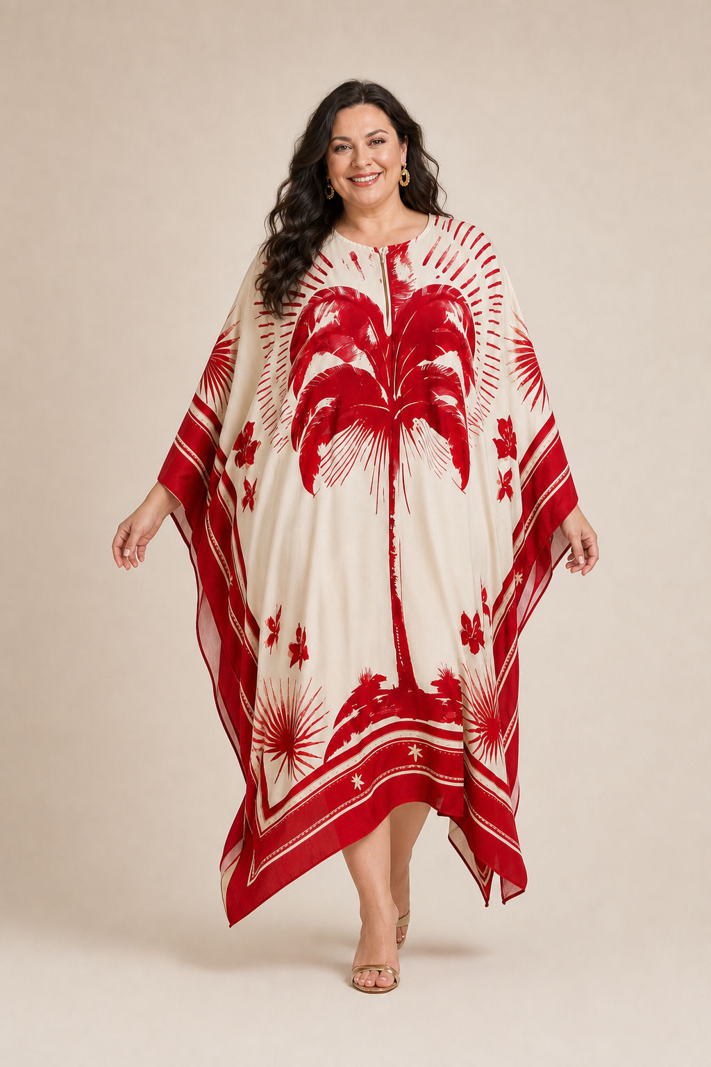 Robe grande taille caftan longue imprimé tropical coupe ample manches chauve-souris encolure ronde