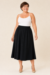Jupe longue grande taille coupe évasée tissu fluide ceinture élastiquée froncée