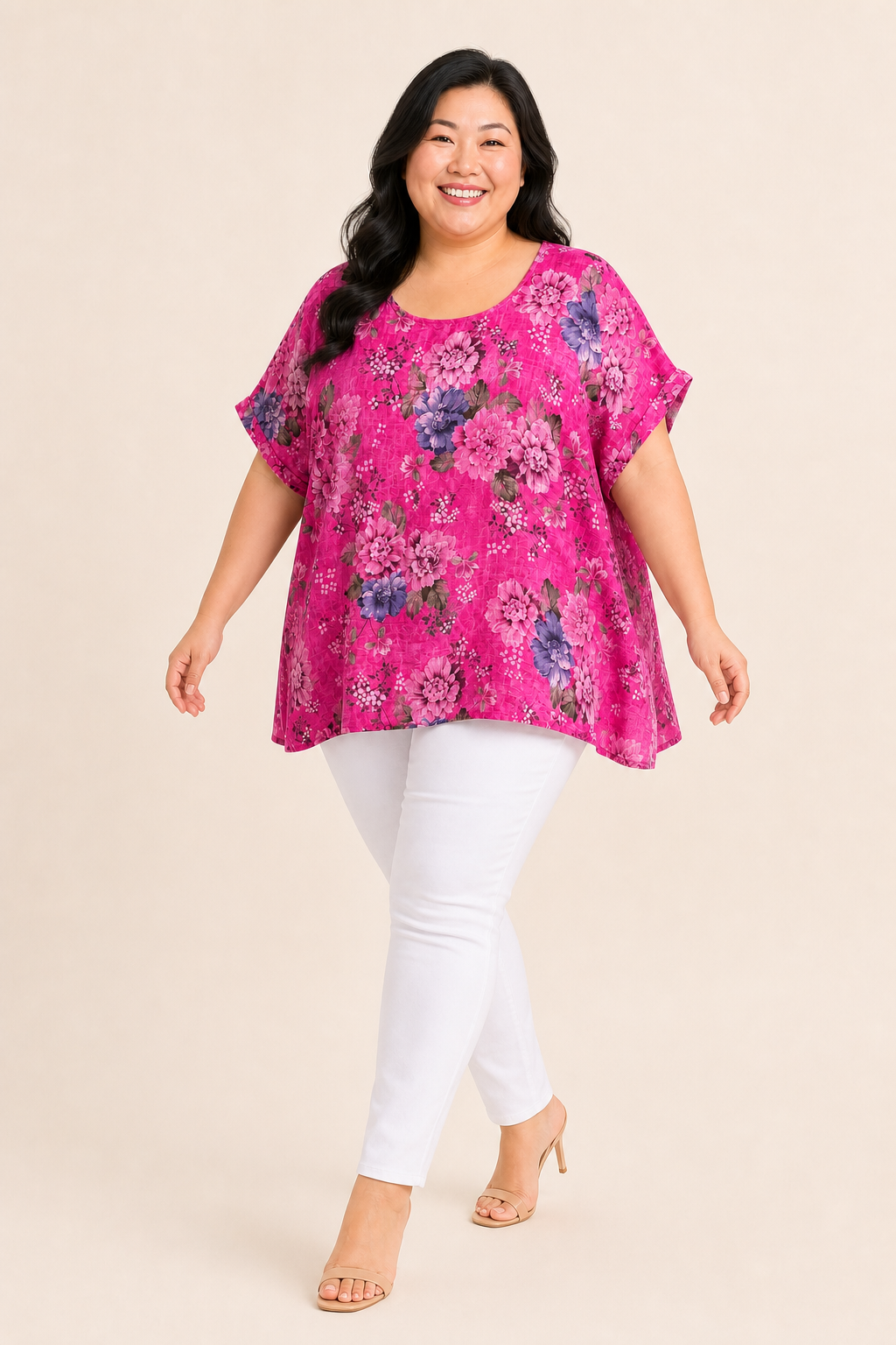 Tunique femme grande taille coton imprimé fleuri col rond coupe ample manches tombantes