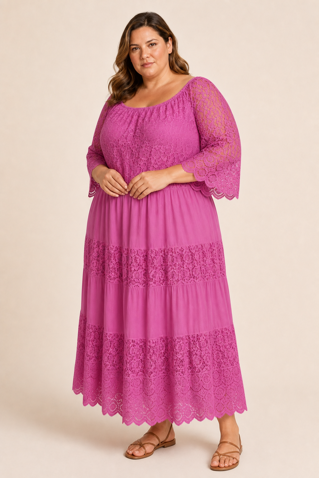 Robe grande taille bohème longue dentelle manches volantées encolure dégagée coupe évasée