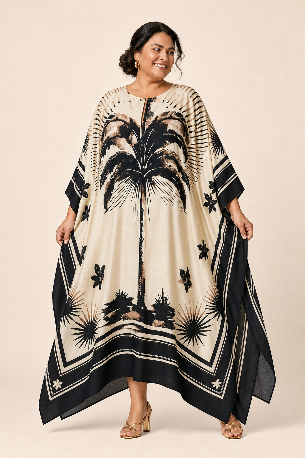 Robe grande taille caftan longue imprimé tropical coupe ample manches chauve-souris encolure ronde