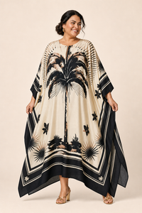Robe grande taille caftan longue imprimé tropical coupe ample manches chauve-souris encolure ronde