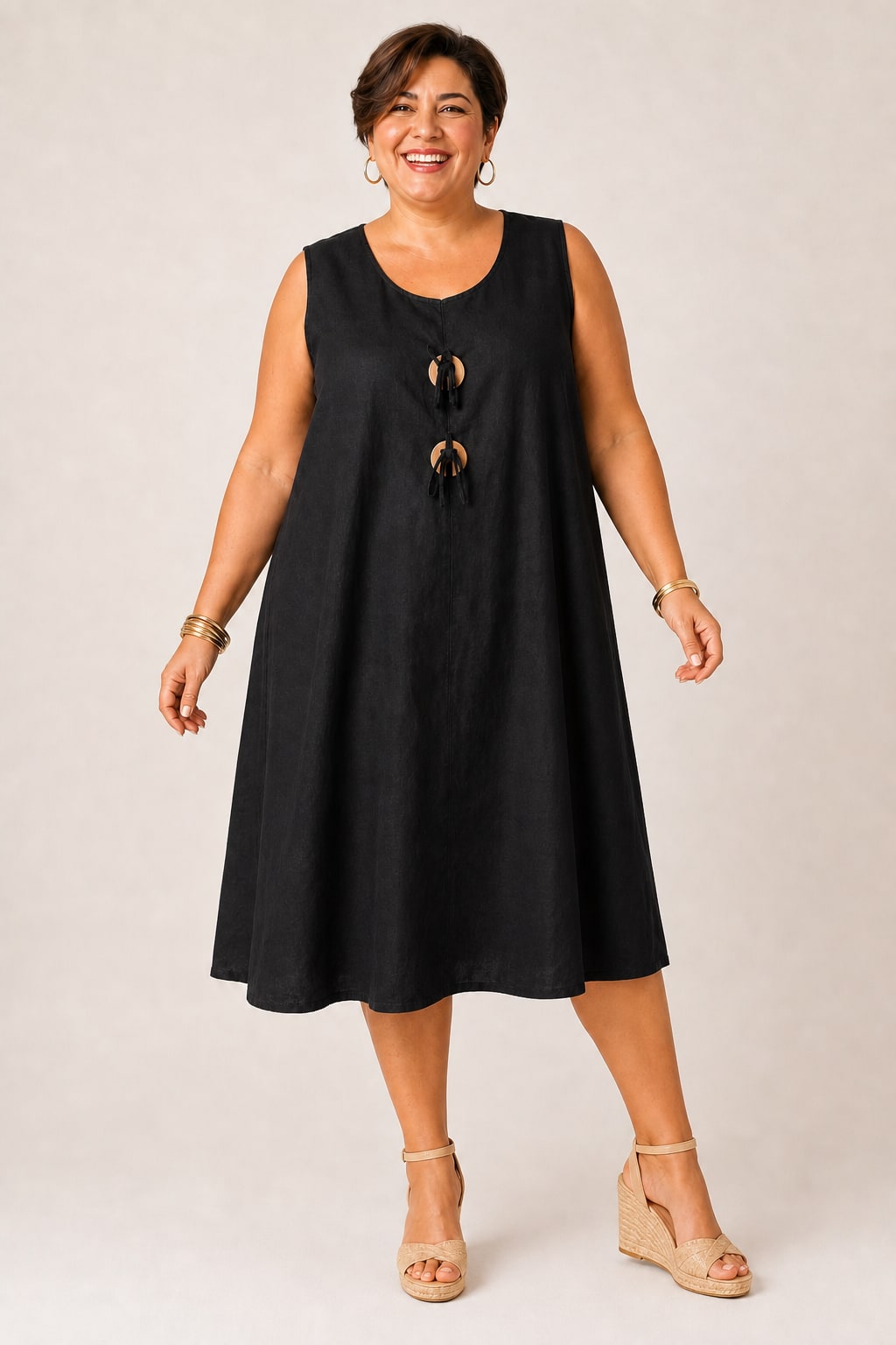 Robe grande taille droite sans manches col rond coton-lin poches plaquées boutons bois