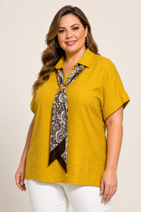 Tunique femme grande taille viscose col chemisier avec cravate en satin manches courtes