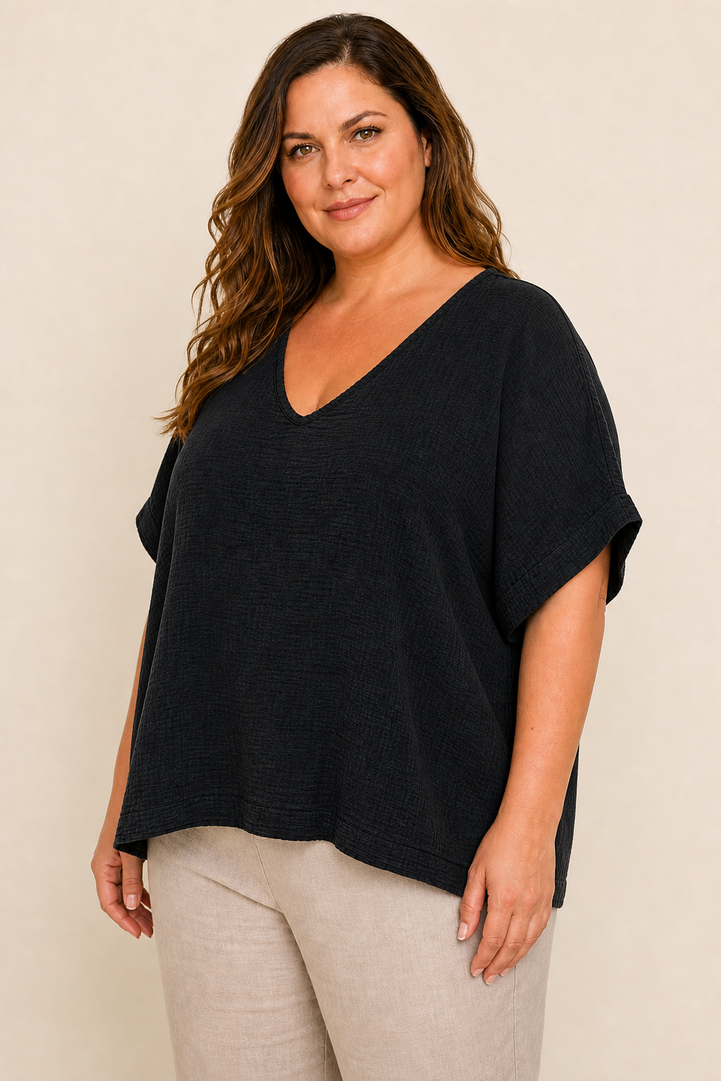Tunique femme grande taille col V double gaze de coton coupe rectangulaire manches courtes tombantes