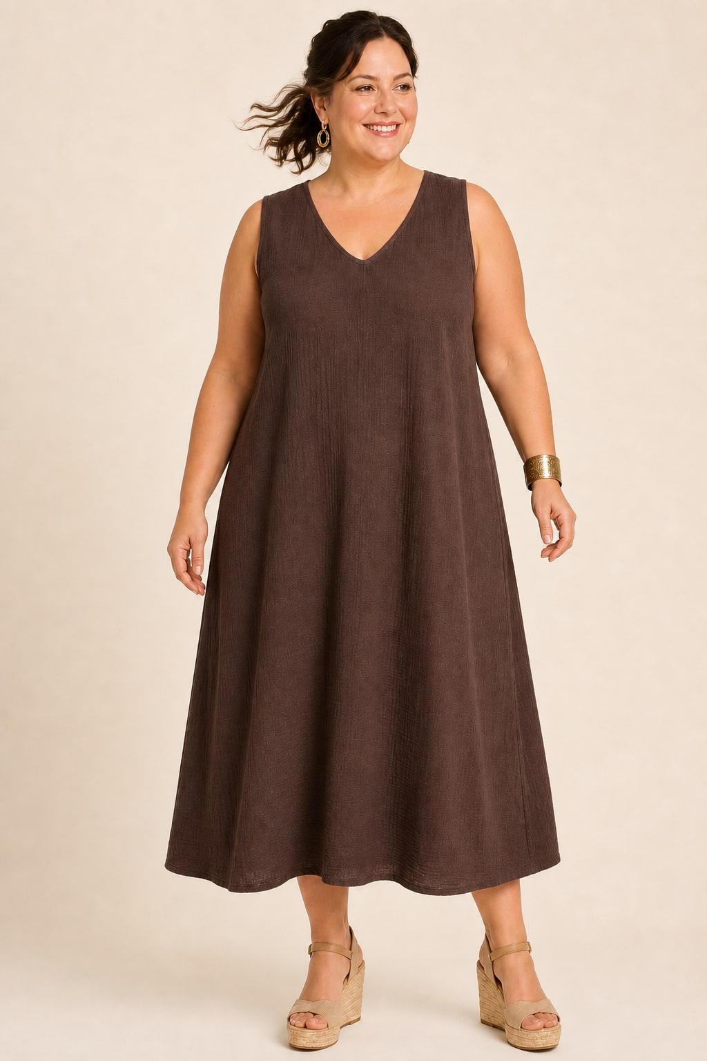 Robe grande taille midi sans manches en double gaze de coton coupe décontractée