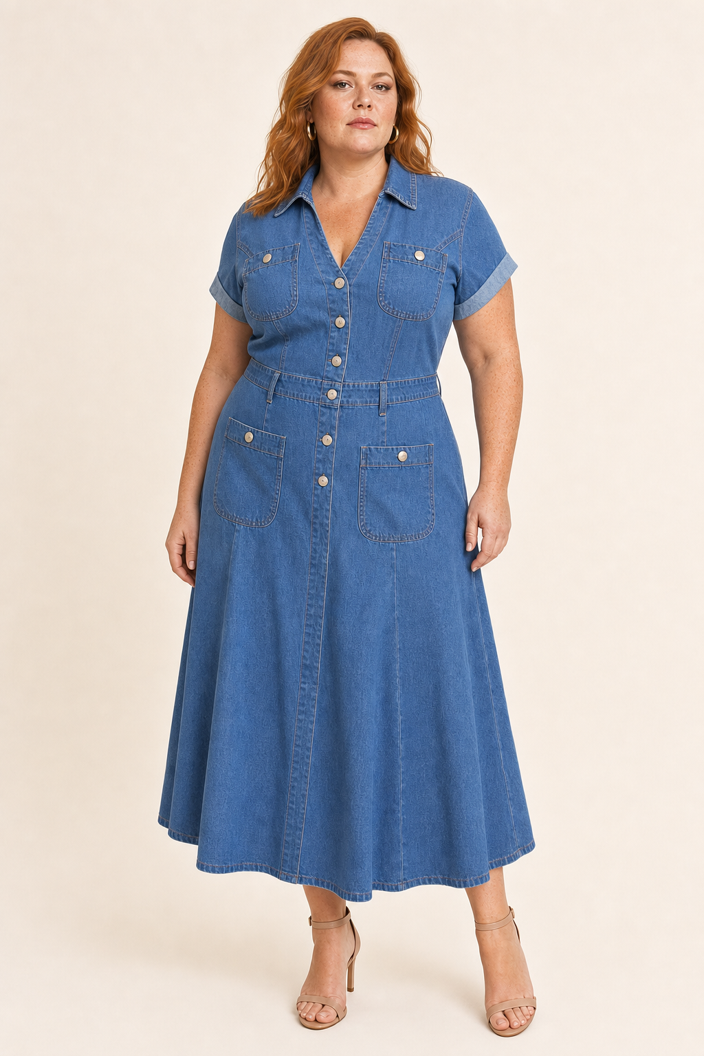Robe longue grande taille en jean col V évasée, manches courtes et boutons, coupe maxi